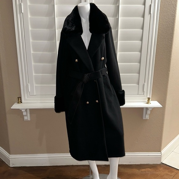 River Island Black Villanelle Coat Long w/ Faux Fur & Detachable Collar - Picture 2 of 13